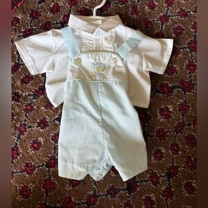 Baby Boy Embroidered Light Blue Overall One-Piece with White Shirt VTG